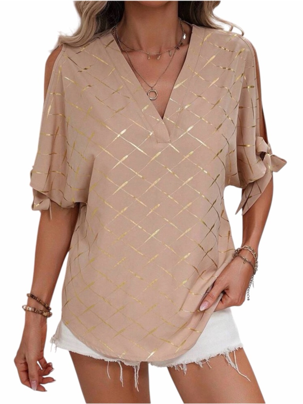 Metallic Gold Beige Grid Coldâ Shoulder Top V-Neck Tie Sleeve Blouse Med - Picture 3 of 10